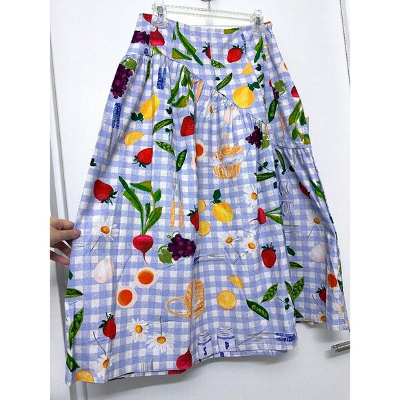 NWT Lisa Says Gah Maeve Picnic Alfresco Midi Skirt Food Vegetable Blue Gingham M - Picture 9 of 14